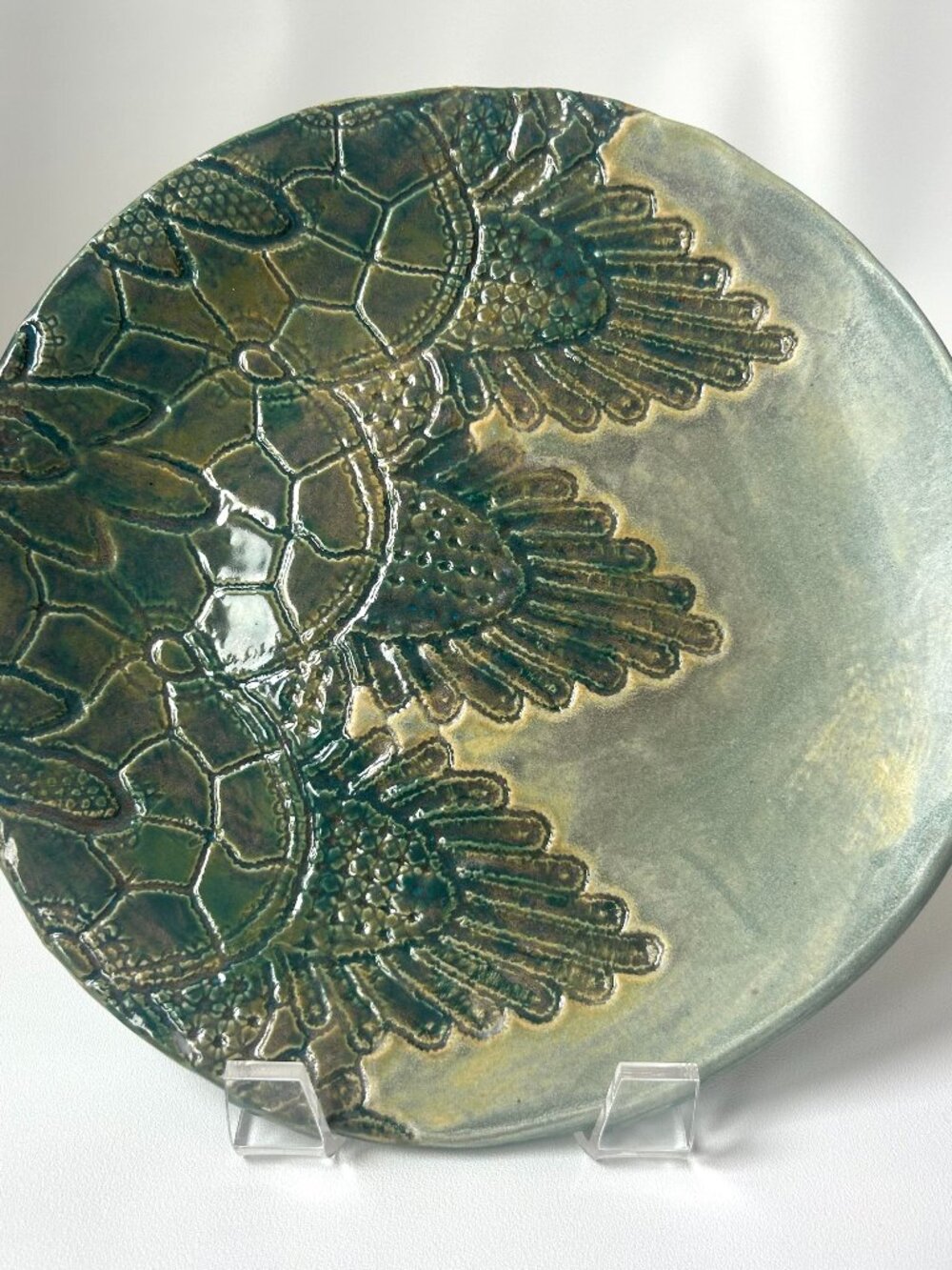 NWT Handmade Ceramic Plate Turtle Shell Lace Green 9” OOAK Gift